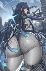 1girl absurdres ass ass_focus blue_bodysuit blue_eyes blue_hair bodysuit breasts goddess_of_victory:_nikke highres holding holding_sword holding_weapon huge_ass large_breasts long_hair looking_at_viewer looking_back multicolored_bodysuit outdoors parted_lips raven_(stellar_blade) raven_suit_(stellar_blade) silver_bodysuit skin_tight smile solo stellar_blade sword thick_thighs thighs two-tone_bodysuit very_long_hair weapon wide_hips yijie_xianyu