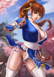 1girl absurdres blue_sky blurry blurry_background branch breasts brown_eyes brown_hair cherry_blossoms choker cleavage closed_mouth cloud cloudy_sky collarbone dandon_fuga day dead_or_alive female_focus hair_ribbon highres holding holding_weapon kasumi_(doa) kodachi kunai lips long_hair medium_breasts ninja outdoors panties pelvic_curtain petals ponytail pubic_hair reverse_grip ribbon short_sword simple_background skindentation sky smile solo standing sword thighhighs thighs tree underwear wakizashi weapon white_choker white_panties white_thighhighs yellow_ribbon