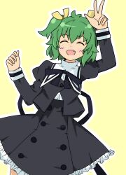 Rule 34 | 1girl, :d, ^ ^, absurdres, antenna hair, arm up, assault lily, black ribbon, black skirt, blush, buttons, closed eyes, commentary request, cowboy shot, cropped jacket, facing viewer, fang, frilled skirt, frills, green hair, hair between eyes, hair ribbon, hand up, high-waist skirt, highres, juliet sleeves, long sleeves, miniskirt, neck ribbon, open mouth, outline, puffy sleeves, ribbon, school uniform, shirt, short hair, simple background, skirt, smile, solo, standing, two side up, w, white outline, white shirt, yellow background, yellow ribbon, yoshimura thi mai, yurigaoka girls academy school uniform, yuzuki suzuha
