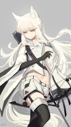 1girl absurdres animal_ears arknights arrow_(projectile) black_boots black_gloves boots brown_eyes closed_mouth commentary_request elbow_gloves gloves grey_background highres horse_ears horse_girl horse_tail hui_yu_yu_yu_ye light_smile long_hair long_sleeves navel platinum_(arknights) quiver shorts simple_background solo tail thigh_boots very_long_hair white_hair white_shorts wide_sleeves