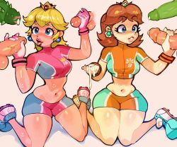 2girls 5boys blonde_hair blush breasts brown_hair crown cum cum_on_body cum_on_hands double_handjob gloves group_sex handjob highres interspecies kneeling lipstick lipstick_mark lipstick_mark_on_penis makeup mario_(series) mario_strikers_(series) medium_breasts medium_hair midriff multiple_boys multiple_girls navel nintendo onaefruit orgy penis penis_grab precum princess_daisy princess_peach soccer_uniform sportswear super_mario_strikers sweat sweatdrop thick_thighs thighs uncensored wide_hips