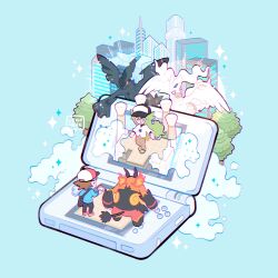 2boys :d artist_name bag black_bag black_headwear black_pants blue_jacket blush brown_pants chibi closed_eyes commentary emboar gen_5_pokemon green_footwear handheld_game_console hat highres hilbert_(pokemon) holding holding_poke_ball jacket leaphere legendary_pokemon long_sleeves male_focus multiple_boys n_(pokemon) nintendo nintendo_ds open_mouth pants poke_ball poke_ball_(basic) pokemon pokemon_(creature) pokemon_bw redrawn reshiram shirt shoes shoulder_bag smile sparkle standing tree u_u undershirt white_shirt zekrom