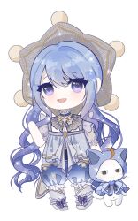 1girl :3 absurdres ahoge animal bare_arms black_bow black_bowtie blue_brooch blue_dress blue_hair bow bowtie brooch brown_eyes capelet cat chibi cloak closed_mouth clothed_animal collar detached_collar dress ear_covers eyelashes footwear_bow frilled_collar frilled_footwear frilled_pants frilled_sleeves frills full_body gradient_hair grey_bow grey_bowtie grey_hat grey_shoes grey_sleeves grey_socks hair_between_eyes hair_intakes hand_up hat heart heart_brooch highres hood hood_up hooded_cloak infinity_nikki jewelry kneehighs light_blush looking_at_viewer low_twintails momo_(nikki) multi-tied_hair multicolored_hair nikki_(nikki) nikki_(series) official_alternate_costume open_mouth pants pom_pom_(clothes) puffy_pants purple_bow purple_capelet purple_cloak purple_collar purple_eyes purple_hair purple_pants see-through_clothes see-through_sleeves shirt_slip shoes short_dress simple_background smile socks square_neckline standing star_(symbol) star_brooch star_in_eye star_print starlet_burst_(infinity_nikki) striped_clothes striped_headwear swept_bangs symbol_in_eye twintails vertical-striped_capelet vertical-striped_clothes vertical-striped_headwear whiskers white_background white_cat zhizhizhizhizhizong