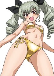 1girl :d absurdres anchovy_(girls_und_panzer) bikini bow breasts brown_eyes drill_hair from_below girls_und_panzer gold_bikini green_hair hair_bow highres long_hair looking_at_viewer medium_breasts open_mouth riokasen smile solo swimsuit twin_drills white_background