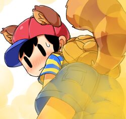 animal_ears ass ass_focus backpack bag black_hair blue_shorts blush cap dirty embarrassed fart hanuvo highres legs looking_at_viewer looking_back mother_(series) mother_2 ness_(mother_2) nintendo pov raccoon_ears raccoon_tail red_cap shirt shorts shota smell striped_clothes sweat sweatdrop tail wavy_mouth yellow_shirt