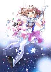 1girl boots brown_eyes brown_hair female_focus flower looking_at_viewer microphone open_mouth original scarf short_hair skirt smile snowflakes solo thighhighs tiv white_thighhighs