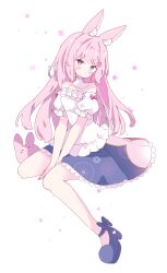 Rule 34 | 1girl, absurdres, animal ear fluff, animal ears, bare shoulders, blue shoes, blue skirt, blush, closed mouth, frilled skirt, frilled sleeves, frills, full body, hair ornament, heart, heart hair ornament, highres, long hair, looking at viewer, original, pink eyes, pink hair, rabbit ears, rabbit girl, shirt, shoes, short sleeves, simple background, skirt, solo, tsukiyo (skymint), white background, white shirt