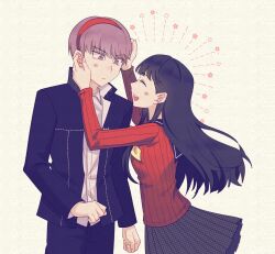Rule 34 | 1boy, 1girl, amagi yukiko, black hair, black jacket, black pants, black sailor collar, blush, commentary request, facing another, facing away, grey hair, hairband, highres, jacket, korean commentary, long hair, long sleeves, looking at another, narukami yu, neckerchief, pants, persona, persona 4, pleated skirt, red hairband, red sweater, ribbed sweater, road9ame, sailor collar, school uniform, shirt, short hair, skirt, sweater, upper body, white shirt, yasogami school uniform, yellow neckerchief