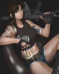 1girl absurdres adun_madun assault_rifle bare_legs beretta_92 black_lagoon brown_hair crossdraw_holster cup drinking_glass gun handgun highres holding holding_cup long_hair micro_shorts midriff navel over_shoulder ponytail revy_(black_lagoon) rifle short_shorts shorts sitting solo weapon weapon_over_shoulder weapon_request