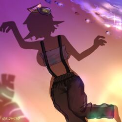 1girl absurdres arms_up baggy_pants beach dressed_shadow_(meme) earrings food fruit highres jewelry lemon lemon_slice marie_(splatoon) marie_(summer_nights)_(splatoon) night nintendo norishiitsu ocean official_alternate_costume official_alternate_hairstyle outdoors oyster pants pointy_ears sand shadow solo splatoon_(series) splatoon_3 strapless suspenders tube_top unworn_pants unworn_tube_top water