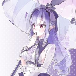 ! 1girl artist_name black_nails bow bowtie breasts center_frills commentary covering_own_mouth frills gradient_background hairband highres holding holding_umbrella ik_dn3 long_sleeves pointy_ears polka_dot polka_dot_background purple_background purple_bow purple_bowtie purple_eyes purple_hair purple_hairband purple_umbrella signature simple_background solo umbrella upright_ahoge vivian_(zenless_zone_zero) zenless_zone_zero