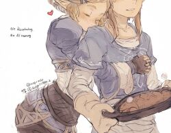 1boy 1girl aogoma artist_name belt black_pants blonde_hair blue_shirt blush breasts brown_belt closed_eyes commentary_request cooking_pot fingerless_gloves food gloves heart hetero highres holding holding_cooking_pot holding_food hug hug_from_behind link long_sleeves medium_hair nintendo oven_mitts pants partial_commentary pointy_ears ponytail princess_zelda shirt short_hair the_legend_of_zelda the_legend_of_zelda:_tears_of_the_kingdom white_undershirt