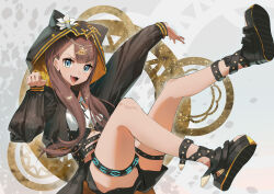 1girl absurdres ankh arknights black_jacket black_sandals black_shorts blue_eyes brown_hair commentary fangs flower full_body hair_behind_ear hand_up highres hood hood_up hooded_jacket infection_monitor_(arknights) jacket legs_up long_hair long_sleeves looking_at_viewer miaooon open_clothes open_jacket open_mouth outstretched_arm paw_pose pepe_(arknights) sandals shorts sketch skin_fangs smile solo two-sided_fabric two-sided_jacket white_flower yellow_jacket