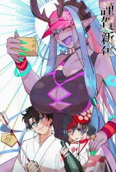 1boy 2girls arrow_(projectile) bare_shoulders black_hair black_one-piece_swimsuit blue_eyes blue_hair bottle bracelet breasts center_opening cleavage closed_eyes commentary earrings fate/grand_order fate_(series) fujimaru_ritsuka_(male) green_nails hand_on_another&#039;s_shoulder heterochromia holding holding_arrow holding_bottle horns ibuki_douji_(fate) ibuki_douji_(swimsuit_berserker)_(fate) ibuki_douji_(swimsuit_berserker)_(first_ascension)_(fate) japanese_clothes jewelry large_breasts long_hair low-tied_sidelocks mochizuki_chiyome_(third_ascension)_(fate) multicolored_hair multiple_girls one-piece_swimsuit open_mouth pink_hair pointy_ears short_hair sidelocks smile sweat swimsuit two-tone_hair udukisigure