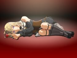 1girl absurdres bang_dream! bang_dream!_it&#039;s_mygo!!!!! bare_shoulders black_shoes black_shorts blonde_hair brown_corset clothing_cutout commentary_request corset detached_sleeves doloris_(bang_dream!) flower full_body grey_socks highres holding holding_flower kneehighs knees_to_chest light_smile long_sleeves lying medium_hair misumi_uika on_side purple_eyes r@men red_flower shadow shoes shorts shoulder_cutout socks solo spotlight