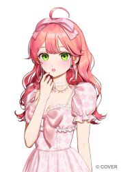 1girl aburage_(motimotigg20) ahoge alternate_costume bow breasts cherry_blossom_print chest_bow choker cleavage commentary_request copyright_notice double-parted_bangs dress earrings floral_print floral_print_dress frilled_dress frills green_eyes hair_flaps hand_up high-waist_dress hololive jewelry lace-trimmed_choker lace_trim long_hair looking_at_viewer medium_breasts nail_polish official_art parted_lips pink_bow pink_dress pink_hair pink_lips pink_nails print_dress puffy_short_sleeves puffy_sleeves sakura_miko short_sleeves sidelocks simple_background solo upper_body virtual_youtuber wavy_hair white_background white_choker