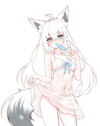 Rule 34 | 1girl, absurdres, ahoge, animal ear fluff, animal ears, blush, braid, breasts, commentary, dress, english commentary, food, fox ears, fox girl, fox tail, hair between eyes, highres, hololive, honon, long hair, looking at viewer, pentagram, popsicle, shirakami fubuki, simple background, single braid, small breasts, solo, tail, virtual youtuber, white background, white hair