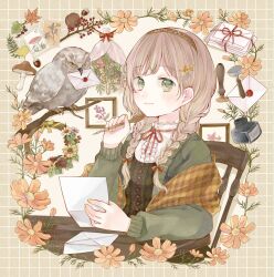 1girl acorn animal argyle_clothes argyle_vest arm_on_table arm_scarf beak_hold bird blush border bouquet bow braid branch brown_background brown_hair brown_hairband cardigan center_frills closed_mouth collared_shirt cosmos_(flower) fingernails floral_print flower frilled_shirt_collar frills green_cardigan green_eyes green_vest grid_background hair_bow hair_ornament hair_over_shoulder hairband hairpin hands_up highres holding holding_paper holding_pen inkwell leaf leaf_hair_ornament letter long_hair long_sleeves looking_at_viewer mole mole_under_eye mouth_hold mushroom nail_polish neck_ribbon on_chair open_cardigan open_clothes orange_flower orange_nails orange_scarf original ornate_border owl paper paper_stack pen picture_frame pinecone plaid_clothes plaid_scarf postage_stamp red_bow red_ribbon ribbon scarf shirt sitting smile solo table tententuyu twin_braids upper_body vest walnut white_shirt wooden_chair wooden_table yellow_bow