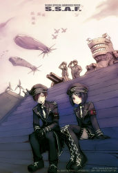 2boys 2girls :3 acronym aircraft airplane airship arm_at_side armband azer_(pangya) beard black_footwear black_gloves black_hair black_hat black_legwear black_pants black_shirt blazer blush_stickers boots cecilia_(pangya) closed_mouth collared_shirt company_name english_text expressionless facial_hair gloves goatee hair_over_one_eye hat jacket kaz_(pangya) kooh_(pangya) lace-up_boots long_sleeves looking_at_viewer military military_uniform multiple_boys multiple_girls necktie official_art orange_eyes own_hands_clasped own_hands_together pangya pants pantyhose peaked_cap red_eyes salute seedark shirt shoes short_hair sitting skirt stairs standing striped_clothes striped_skirt swept_bangs thigh_boots thighhighs watermark web_address white_necktie wing_collar