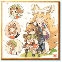 2girls :d =_= ^_^ alternate_hair_length alternate_hairstyle animal animal_ear_fluff animal_ear_piercing animal_ears blonde_hair blue_tabard blunt_bangs blush braid brown_hair cat cat_ears cat_girl cat_tail chair chen closed_eyes closed_mouth commentary_request dress earrings fox_girl fox_tail frilled_skirt frills green_hat green_scarf hair_brush hand_on_own_chin hat highres holding holding_animal holding_cat holding_hair_brush im_(badmasa) jewelry long_hair long_sleeves mob_cap multiple_girls multiple_tails multiple_views open_mouth red_eyes red_skirt red_vest scarf short_hair simple_background single_earring sitting skirt smile speech_bubble standing tabard tail thinking thought_bubble touhou twin_braids two_tails vest white_background white_dress white_hat wide_sleeves yakumo_ran