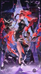 1girl absurdly_long_hair bare_legs black_bodysuit black_cloak black_gloves black_hairband black_shoes black_shorts bodysuit breasts bright_pupils chinese_commentary circle_facial_mark cloak closed_mouth commentary_request elbow_gloves electricity full_body gloves hair_between_eyes hair_ornament hair_stick hairband hand_up highres large_breasts legs logo long_hair looking_at_viewer mark_under_both_eyes official_art pointy_ears purple_eyes rafaelaaa red_hair shoes shorts smile very_long_hair white_pupils wuthering_waves yinlin_(wuthering_waves) zapstring_(wuthering_waves)