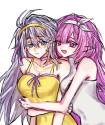 Rule 34 | 2girls, ahoge, bare shoulders, bei meng wu nanie, blue eyes, breasts, chinese commentary, choker, cleavage, commentary request, cyrene (honkai: star rail), diamond-shaped pupils, diamond (shape), dress, genderswap, genderswap (mtf), gold tattoo, hairband, highres, honkai: star rail, honkai (series), hug, large breasts, long hair, multiple girls, neck tattoo, open mouth, phainon (honkai: star rail), pink hair, pointy ears, purple eyes, simple background, symbol-shaped pupils, tattoo, turtleneck, turtleneck dress, very long hair, white background, white choker, white dress, white hair, yellow dress, yellow hairband