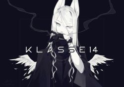 1girl ad animal_ears chain cloak facial_scar feathers female_focus fox_ears fox_girl gloves green_eyes hair_between_eyes half_gloves heterochromia limited_palette long_hair original pale_skin purple_eyes scar scar_on_cheek scar_on_face smoke smoke_trail solo watch white_hair wide_sleeves wings zetallis