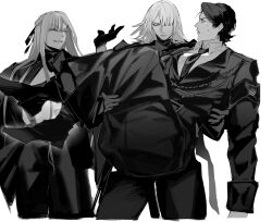1boy 2girls ak-12_(girls&#039;_frontline) ak-15_(girls&#039;_frontline) black_hair black_necktie closed_eyes commander_(girls&#039;_frontline) girls&#039;_frontline hair_over_one_eye highres junx0117 long_hair multiple_girls necktie one_eye_closed simple_background smile white_background