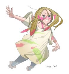 blonde_hair blue_hair bra_strap bright_pupils capri_pants cropped_legs denim grin hp45_301 jeans long_hair looking_at_another looking_at_viewer messy_hair mina_(pokemon) nintendo outstretched_arms oversized_clothes oversized_shirt paint_in_hair paint_on_clothes paint_splatter paint_splatter_on_face pants pokemon pokemon_sm shirt smile t-shirt torn_clothes torn_jeans torn_pants white_background