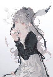Rule 34 | 1girl, absurdres, black dress, burnt, chromatic aberration, cigarette, closed mouth, collarbone, dress, earrings, frilled dress, frills, grey hair, hair between eyes, hair ornament, hand up, highres, holding, holding cigarette, jewelry, long hair, long sleeves, looking at viewer, mouth piercing, multiple rings, original, paper, red eyes, ring, ringein, simple background, smoke, solo, two-tone dress, white background, white dress