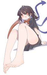 1girl absurdres ahoge asymmetrical_wings bare_legs barefoot black_dress black_hair blue_wings bow bowtie center_frills dress feet frills full_body gumingdi_ban highres houjuu_nue looking_at_viewer multicolored_wings no_shoes open_mouth panties red_bow red_bowtie red_eyes red_wings short_dress short_hair short_sleeves simple_background sitting solo toes touhou underwear white_background white_panties wings