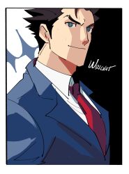 1boy absurdres ace_attorney black_hair blue_eyes blue_jacket border closed_mouth collared_shirt highres jacket kendy_(revolocities) looking_at_viewer male_focus necktie phoenix_wright red_necktie shirt short_hair solo upper_body v-shaped_eyebrows white_border