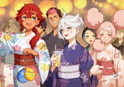 3boys 5girls :d blue_eyes blue_hair brown_hair chuatury_panlunch commentary cup double_bun elan_ceres floral_print floral_print_kimono grey_eyes grey_hair guel_jeturk gundam gundam_suisei_no_majo hair_bun highres holding holding_cup japanese_clothes kimono lauda_neill looking_at_another medium_hair miorine_rembran mogumo multicolored_hair multiple_boys multiple_girls nika_nanaura obi open_mouth pink_eyes pink_hair print_kimono purple_kimono red_hair sash short_hair smile suletta_mercury two-tone_hair white_kimono wide_sleeves