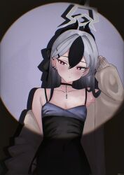 Rule 34 | 1girl, arm up, armpit crease, black choker, black dress, black hair, blue archive, blush, breasts, brown cardigan, cardigan, choker, demon girl, demon horns, dress, ear piercing, earrings, grey hair, grey halo, hair behind ear, hair between eyes, hair ribbon, halo, hashtag-only commentary, highres, horns, jewelry, kayoko (blue archive), kayoko (dress) (blue archive), long hair, multicolored hair, piercing, red eyes, ribbon, shi draco, solo, spotlight, streaked hair, two-tone hair