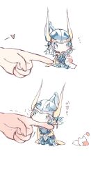 armor blue_armor blue_eyes blue_helmet cape chibi chinese_commentary commentary_request cuirass dissidia_final_fantasy fake_horns faulds fermium.ice final_fantasy final_fantasy_i finger_hug flat_color flying_sweatdrops full_armor full_body hand_blush heart helmet highres horned_helmet horns long_hair male_focus mini_person miniboy moogle no_mouth notice_lines plume pov pov_hands simple_background solo_focus spoken_heart translation_request warrior_of_light_(ff1) white_background white_hair yellow_cape