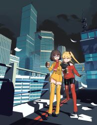 Rule 34 | 2girls, absurdres, black-framed eyewear, black bodysuit, black gloves, black hair, blonde hair, blunt bangs, bodysuit, boots, chikuwa fan973, city, cityscape, closed eyes, closed mouth, coat, cup, dice hair ornament, disposable coffee cup, disposable cup, freckles, glasses, gloves, hair ornament, highres, holding, holding cup, long hair, multiple girls, night, off-shoulder sweater, off shoulder, open mouth, original, outdoors, purple eyes, rectangular eyewear, red boots, red scarf, red sweater, scarf, scenery, semi-rimless eyewear, shiny clothes, short hair, sweater, thigh boots, twintails, under-rim eyewear, yellow boots, yellow coat