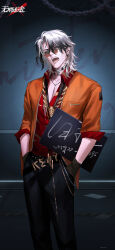 1boy absurdres against_wall belt black_belt black_gloves black_hair black_necktie black_pants chain character_name collared_shirt colored_tips copyright_name feet_out_of_frame gloves grey_eyes hand_in_pocket highres holding holding_sign indoors jacket levy_(path_to_nowhere) logo looking_at_viewer male_focus medium_hair mugshot multicolored_hair necktie official_art official_wallpaper open_clothes open_jacket open_mouth orange_jacket pants partially_unbuttoned path_to_nowhere prison_clothes red_shirt round_eyewear shirt sign sleeves_pushed_up solo sunglasses teeth tongue v-shaped_eyebrows white_hair