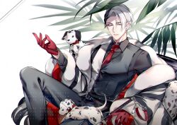 1boy animal animal_on_lap armchair belt belt_buckle black_belt black_hair black_pants black_shirt black_vest buckle chair coat collared_shirt comb_over cushion dalmatian divus_crewel dog earrings feet_out_of_frame fur_coat gloves hand_up jewelry knee_up light_particles long_sleeves looking_at_viewer male_focus multicolored_coat multicolored_hair necktie on_lap pants parted_lips plant pointer purple_eyes red_gloves red_necktie s_(olath) shirt short_hair side_part sideways_glance simple_background sitting solo split-color_hair striped_coat stud_earrings twisted_wonderland two-sided_coat two-sided_fabric two-tone_coat two-tone_hair two-tone_vest vest white_coat white_hair white_vest
