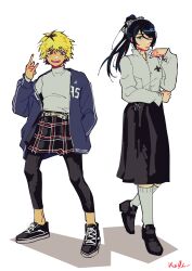 Rule 34 | 2girls, \m/, absurdres, black hair, black leggings, black shoes, black skirt, bleached hair, blonde hair, blue jacket, brown eyes, character request, full body, genderswap, genderswap (mtf), grin, highres, jacket, kx0e, leggings, messy hair, multiple girls, persona, persona 5, plaid clothes, plaid skirt, shadow, shirt, shoes, short hair, skirt, smile, sneakers, socks, sweater, white background, white shirt, white socks, white sweater