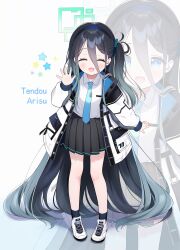 Rule 34 | 1girl, absurdly long hair, absurdres, aqua halo, aris (blue archive), black hair, black skirt, black socks, blue archive, blue eyes, blue necktie, character name, chinese commentary, closed eyes, collared shirt, commentary request, different zoom layer, hair between eyes, halo, highres, jacket, long hair, long sleeves, looking at viewer, miniskirt, necktie, one side up, open mouth, pleated skirt, puffy long sleeves, puffy sleeves, rectangular halo, school uniform, shirt, shoes, skirt, sneakers, socks, star (symbol), very long hair, white jacket, white shirt, white shoes, zcx, zoom layer