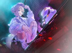 1girl banpen_(todoroki_hajime) baseball_cap blonde_hair choker fence hat highres hololive hololive_dev_is jacket malo_(mlpmpmp) night purple_choker purple_eyes shoes sneakers squatting todoroki_hajime todoroki_hajime_(1st_costume) virtual_youtuber wind