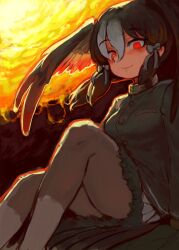 1girl bird_girl bird_tail bird_wings black_fur black_hair black_jacket black_pantyhose blush bow fur_trim grey_bow grey_hair grey_skirt hair_between_eyes hair_bow handsdsds head_wings highres jacket kemono_friends long_sleeves looking_at_viewer pantyhose pleated_skirt red_eyes sidelocks sitting skirt smile solo tail wings yatagarasu_(tsukumo_sana)