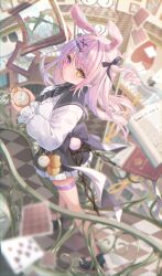 Rule 34 | 1girl, animal ears, black skirt, blush, breasts, clock, closed mouth, commentary, hair ornament, heterochromia, highres, holding clock, long hair, long sleeves, looking at viewer, original, pink hair, pleated skirt, purple eyes, rabbit ears, rabbit tail, shirt, skirt, solo, tail, thigh strap, tina oekaki, very long hair, white shirt, yellow eyes