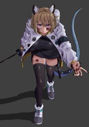1girl absurdres animal_ear_fluff animal_ears arknights black_thighhighs blood blood_on_face blood_on_hands breasts brown_hair fang full_body highres jacket large_breasts looking_at_viewer open_clothes open_jacket purple_eyes shadow shooki_(wadacchi_non) short_hair skin_fang smile solo sword tail thighhighs utage_(arknights) walking weapon white_jacket