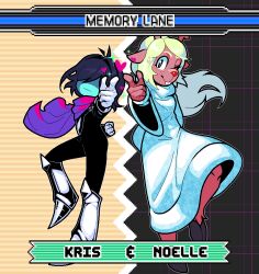 1girl 1other acenth animal_ears antlers arm_behind_back armor black_bodysuit black_hair blonde_hair blue_skin bodysuit buck_teeth cape clenched_hand colored_skin deer_antlers deer_ears deer_girl deltarune freckles furry furry_female gloves greaves heart horns kris_(deltarune) long_hair noelle_holiday one_eye_closed pointing reindeer_girl robe short_hair sonic_(series) sonic_advance_(series) sonic_advance_3 teeth white_robe