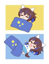 Rule 34 | 1girl, :3, :d, animal ears, barefoot, blue hair, blue shorts, blush stickers, brown hair, chibi, closed eyes, closed mouth, commentary request, daitaku helios (umamusume), fang, gomashio (goma feet), hair between eyes, hair ornament, hairclip, highres, horse ears, horse girl, horse tail, lying, multicolored hair, on back, open mouth, print shirt, raglan sleeves, shirt, short sleeves, shorts, side ponytail, smile, star (symbol), star hair ornament, star print, streaked hair, tail, two-tone hair, umamusume, under covers, white shirt