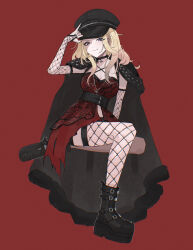 1girl absurdres belt black_boots black_coat black_hat blonde_hair boots breasts bridal_gauntlets coat coat_on_shoulders commentary dress fishnet_bridal_gauntlets fishnet_thighhighs fishnets gakuen_idolmaster hat highres idolmaster juo_sena medium_breasts na_yaa0_0 official_alternate_costume peaked_cap platform_boots red_dress single_thighhigh sitting solo thighhighs