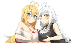 1boy 2girls ahoge antenna_hair blonde_hair blue_eyes blush braid breasts cooperative_paizuri gukr4322 highres kizuna_akari large_breasts multiple_girls paizuri paizuri_over_clothes sleeveless sweatdrop teamwork_(sexual) tsurumaki_maki twin_braids voiceroid white_background white_hair