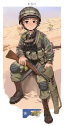 1girl absurdres ammunition_pouch barbed_wire beretta_model_38 binoculars blue_sky boots brown_boots brown_eyes brown_hair camouflage camouflage_headwear camouflage_jacket combat_boots combat_helmet day desert full_body gun helmet highres holding holding_gun holding_weapon italian_army italian_commentary italian_text italy jacket knee_pads korean_commentary lace-up_boots load_bearing_equipment long_sleeves looking_at_viewer magazine_(weapon) military military_combat_uniform military_fatigues military_uniform mixed-language_commentary original outdoors palm_tree pants paratrooper pouch rifleman1130 sand sand_dune short_hair sitting sky smile soldier solo submachine_gun teeth tree weapon world_war_ii