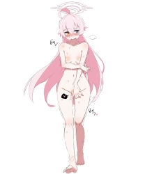 1girl ahoge bandaid bandaid_on_pussy bandaids_on_nipples blue_archive blue_eyes blush collarbone completely_nude embarrassed flat_chest groin hair_between_eyes halo heterochromia highres hoshino_(blue_archive) long_hair looking_to_the_side navel nude pasties pink_hair pink_halo solo sweat thighs trembling tuubwhy very_long_hair yellow_eyes